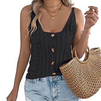Women's Summer Fashion Hollow-Out Button Knit Vest Casual Lazy Style Vacation Versatile Top