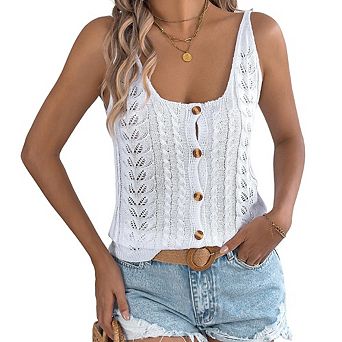 Women's Summer Fashion Hollow-Out Button Knit Vest Casual Lazy Style Vacation Versatile Top