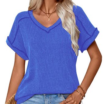 Women's Summer Two-Tone Twist Short Sleeve T-Shirt Classic V-Neck Loose Medium Stretch Casual Top