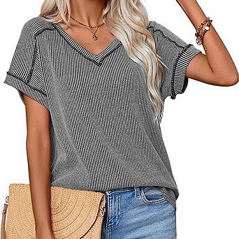 Women's Summer Two-Tone Twist Short Sleeve T-Shirt Classic V-Neck Loose Medium Stretch Casual Top
