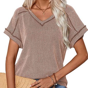 Women's Summer Two-Tone Twist Short Sleeve T-Shirt Classic V-Neck Loose Medium Stretch Casual Top