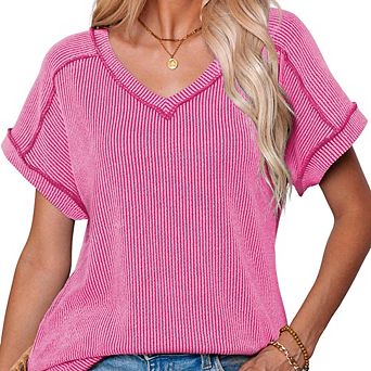 Women's Summer Two-Tone Twist Short Sleeve T-Shirt Classic V-Neck Loose Medium Stretch Casual Top