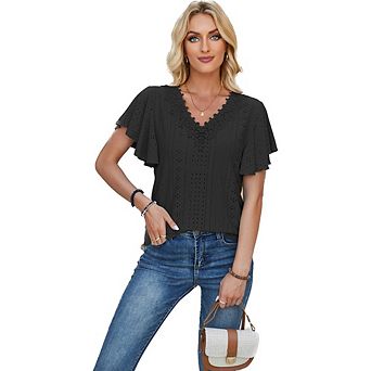 Women's Classic V-Neck T-Shirt Fashion Ruffle Short Sleeve Lace Patchwork Breathable Hollow-Out Top