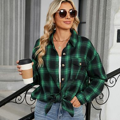 Women's English Plaid Brushed Shirt Loose Casual Retro Versatile Long Sleeve Blouse