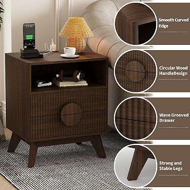 ANIXOL Fluted Nightstand with Charging Station, Available in Oak Ash, Walnut Color