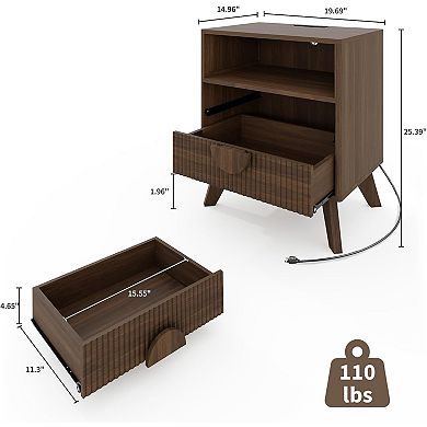 ANIXOL Fluted Nightstand with Charging Station, Available in Oak Ash, Walnut Color
