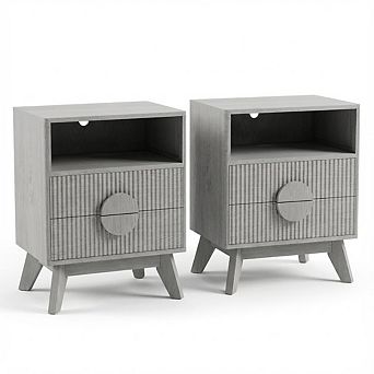 ANIXOL Fluted Nightstand with Charging Station, Available in Oak Ash, Walnut Color