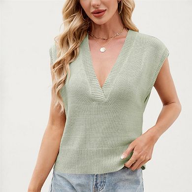 Women's Summer Casual V-Neck Knit Vest Loose Comfortable Minimalist Versatile Daily Pullover Top