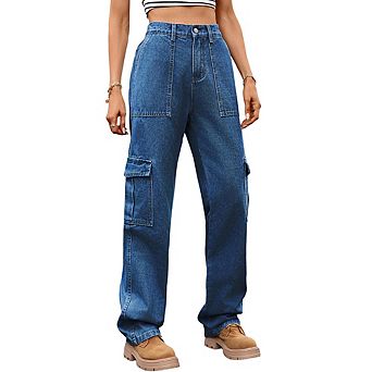 Women's Fashion Half Elastic Waist Jeans Casual High-Waisted Cargo Style Loose Straight-Leg Pants