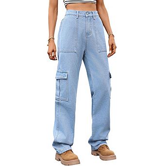 Women's Fashion Half Elastic Waist Jeans Casual High-Waisted Cargo Style Loose Straight-Leg Pants
