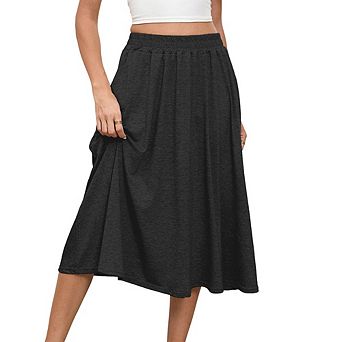 Women's Casual High-Waisted A-Line Midi Skirt Simple Loose Flared Hem Elastic Waist Ruffled Skirt