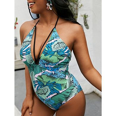 Women Plus Size Halter One Piece Swimsuits V-Neck Slim Fit Bathing Suit