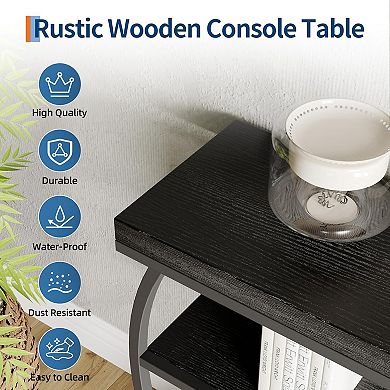 Farmhouse Console Table with Open Shelves and Semi-Circular Metal Frame for Entryway