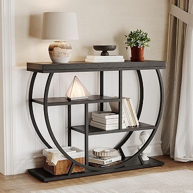 Farmhouse Console Table with Open Shelves and Semi-Circular Metal Frame for Entryway