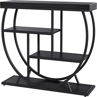 Farmhouse Console Table with Open Shelves and Semi-Circular Metal Frame for Entryway