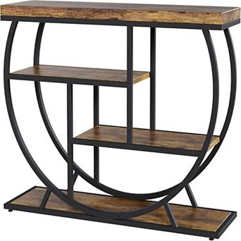 Farmhouse Console Table with Open Shelves and Semi-Circular Metal Frame for Entryway