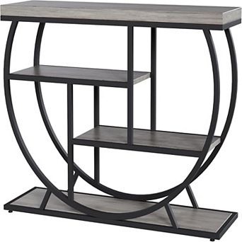 Farmhouse Console Table with Open Shelves and Semi-Circular Metal Frame for Entryway