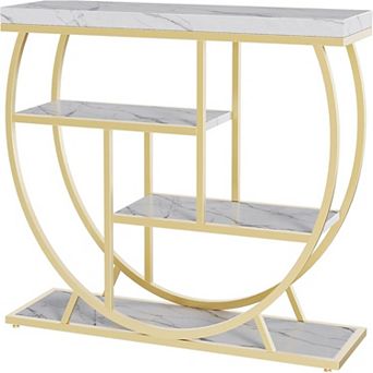 Farmhouse Console Table with Open Shelves and Semi-Circular Metal Frame for Entryway