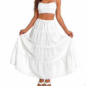 Women's Elegant Eyelet Tiered A-Line Skirt Elastic Waist Mid-Length Skirt