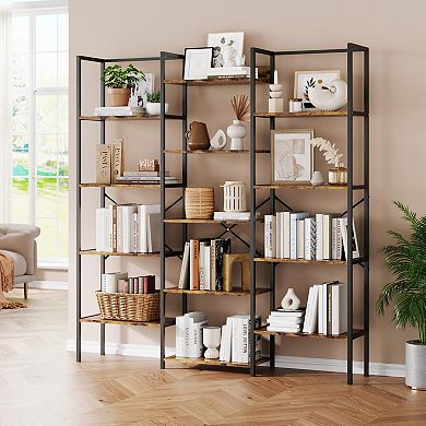 Triple Column Bookshelf Tall Display Shelves with Open Shelving Unit Heavy Duty Multi-Layer