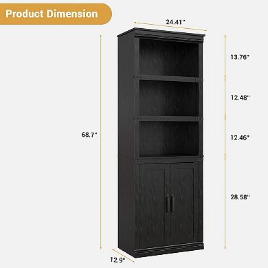 Bookcase Farmhouse Wood Bookshelves with Open Shelves and Doors Vintage Display Cabinet