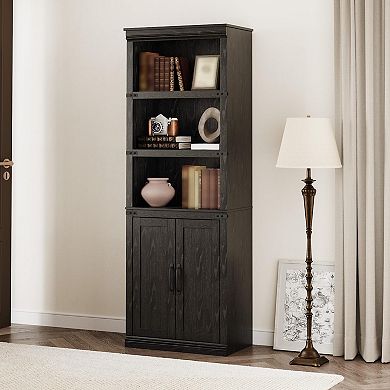 Bookcase Farmhouse Wood Bookshelves with Open Shelves and Doors Vintage Display Cabinet