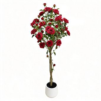 Artificial Tree with Plastic Trunk and Silk Flowers in a Round Pot, Faux Plant for Indoor Decor