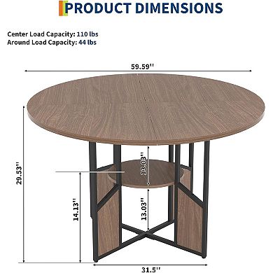 Round Dining Table for 6 with Adjustable Feet & Metal Pedestal Base
