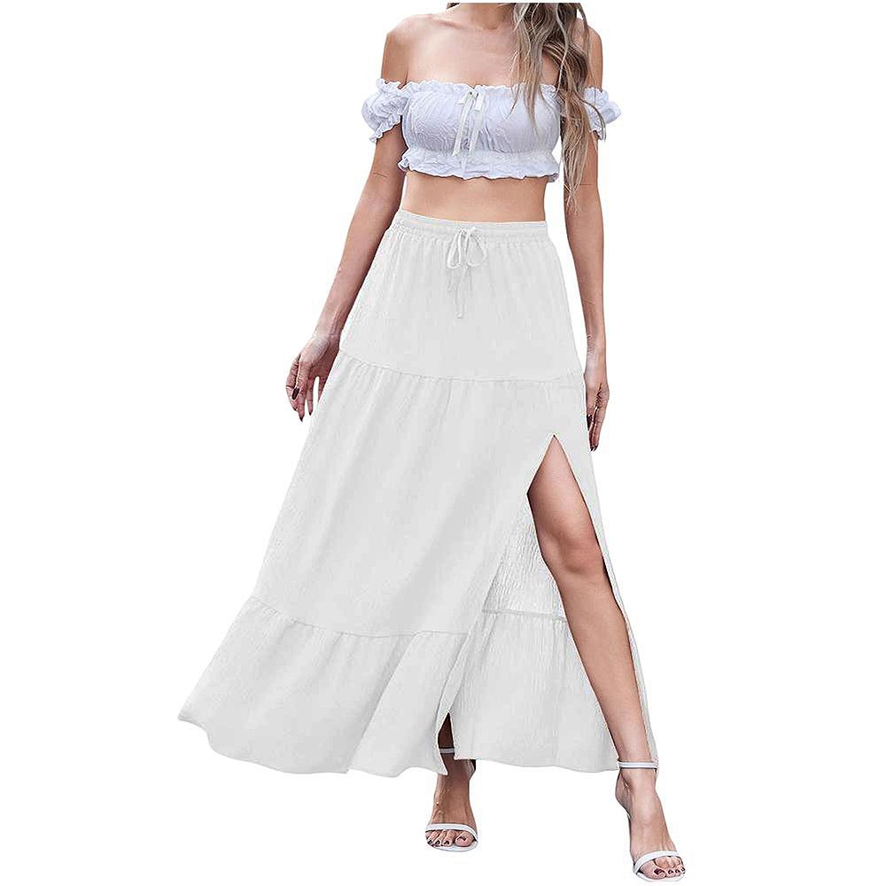 Women Fashion Patchwork Midi Skirt Elegant Side Slit Casual