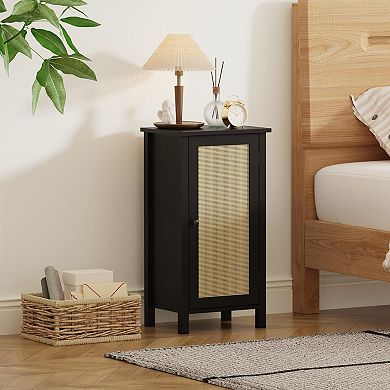 ANIXOL Farmhouse Rattan Nightstand with Drawer, Wood Storage End Table with Sturdy Legs