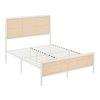 Bed Frame Rattan with Headboard Bohemian Platform Metal with LED Lights Metal Slats Support