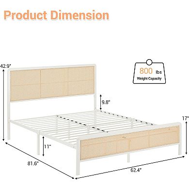 Bed Frame Rattan with Headboard Bohemian Platform Metal with LED Lights Metal Slats Support
