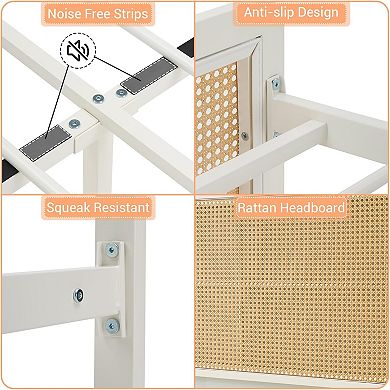 Bed Frame Rattan with Headboard Bohemian Platform Metal with LED Lights Metal Slats Support