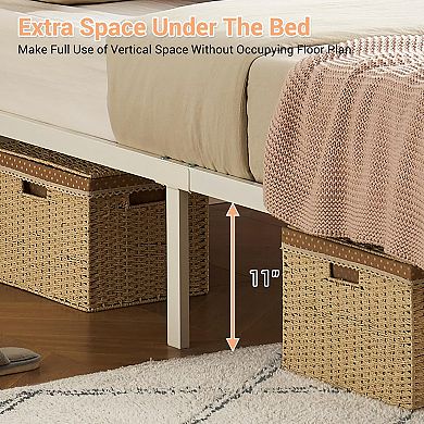 Bed Frame Rattan with Headboard Bohemian Platform Metal with LED Lights Metal Slats Support