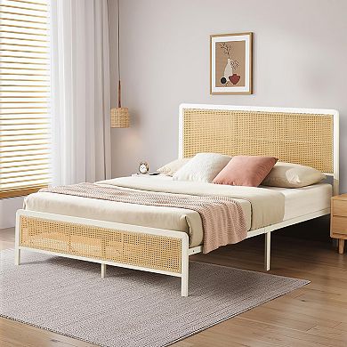 Bed Frame Rattan with Headboard Bohemian Platform Metal with LED Lights Metal Slats Support