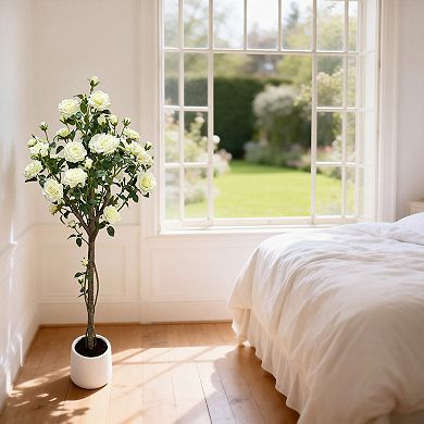 Artificial Tree with Plastic Trunk and Silk Flowers, Faux Plant for Indoor Decor, Living Room