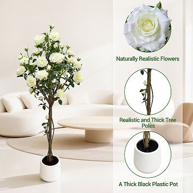 Artificial Tree with Plastic Trunk and Silk Flowers, Faux Plant for Indoor Decor, Living Room