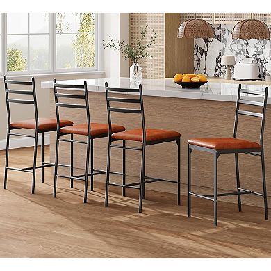 Bar Stools Set of 4, Counter Height Bar Stools w/PU Upholstered Seat, Metal Frame Kitchen Bar Chairs