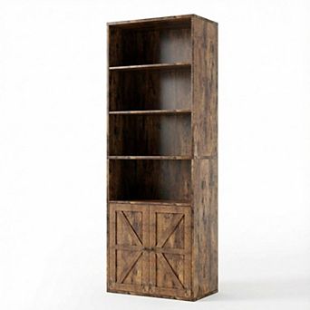 Wooden Bookshelf Display Storage Rack Farmhouse Style Bookcase with Doors