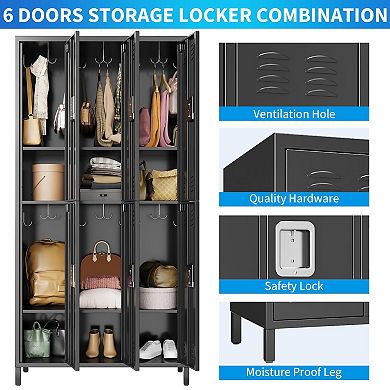 ANIXOL 6-Door Metal Locker Cabinet with Hooks and Adjustable Shelves