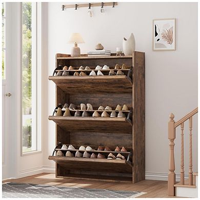 Wooden Shoe Cabinet with 3 Flip Drawers and Adjustable Shelf