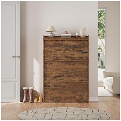 Wooden Shoe Cabinet with 3 Flip Drawers and Adjustable Shelf