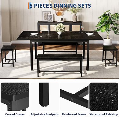 Extendable Dining Table Set 5-Piece, Large 6-8 Seater Kitchen Table, MDF Top with Black Metal Frame