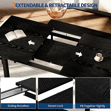 Extendable Dining Table Set 5-Piece, Large 6-8 Seater Kitchen Table, MDF Top with Black Metal Frame