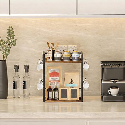 2 Tier Coffee Bar Organizer Mug Holder with 12 Hooks