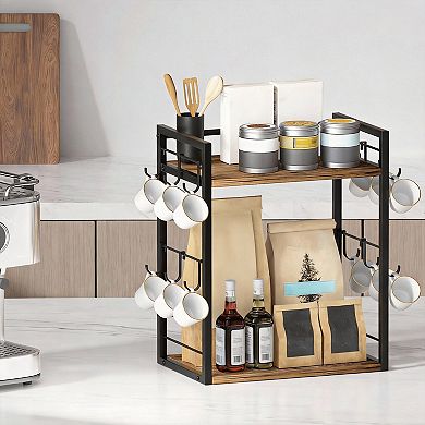 2 Tier Coffee Bar Organizer Mug Holder with 12 Hooks
