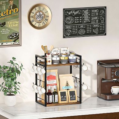 2 Tier Coffee Bar Organizer Mug Holder with 12 Hooks