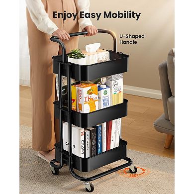 3-Tier Rolling Mesh Cart with Handle & Lockable Wheels