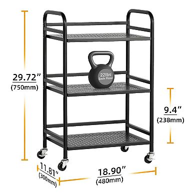 3 Tier Rolling Cart Metal Frame with 2 Lockable Wheels Multipurpose