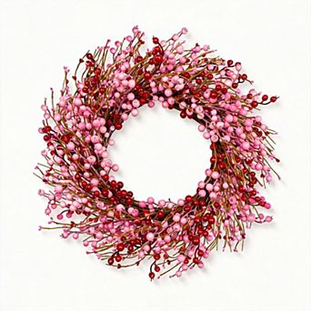 22" Valentines Wreath Artificial Pink Red Berries Door Decor